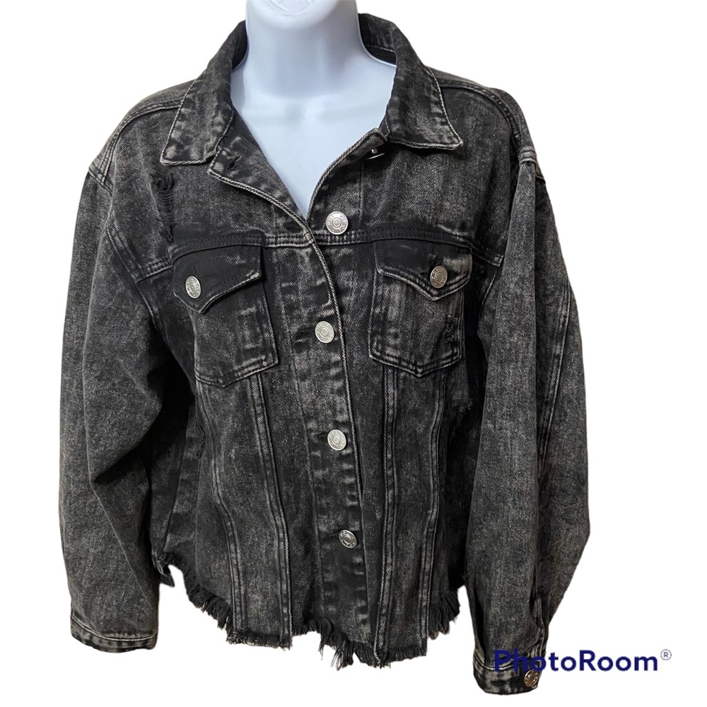 POL Distressed & Destroyed Black Button Front Womens Denim Raw Hem Jacket